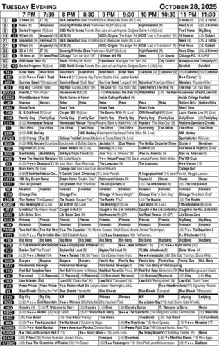 TV listings for Tuesday, Oct. 28, 2025